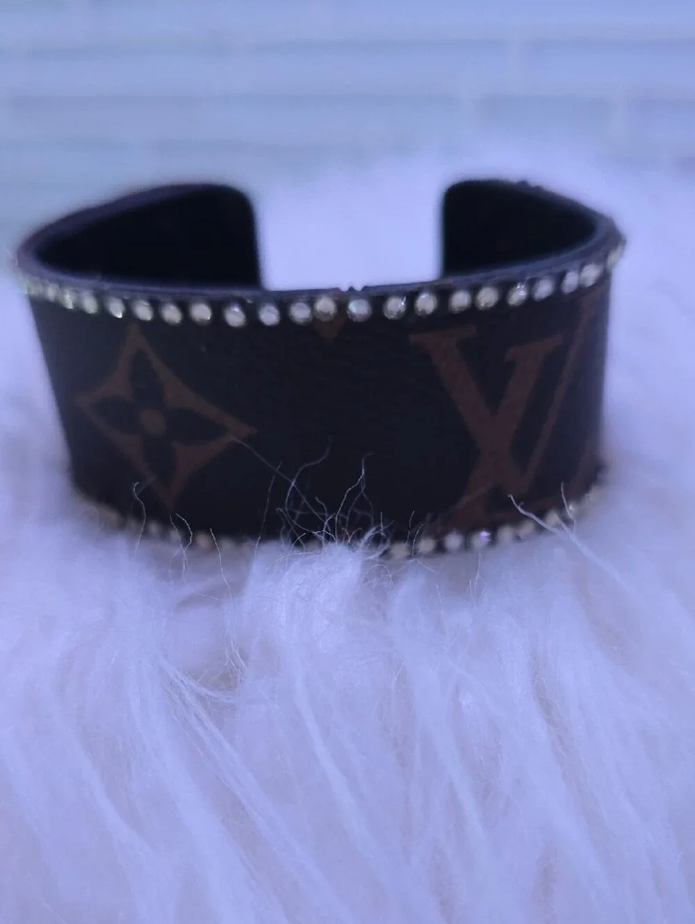 Designer-Style Brown Monogram Leather Cuff Bracelet with Crystal Trim